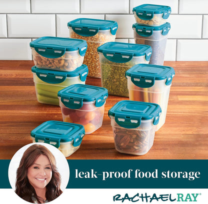 Rachael Ray Leak-Proof Nestable Container Food Storage Bin Set, 10-Piece, Clear with Teal Lids