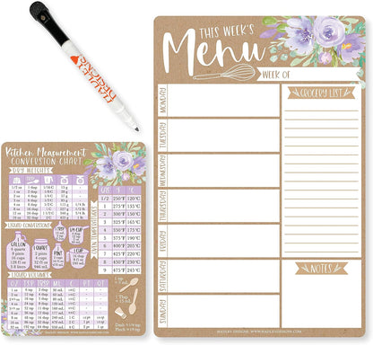Hadley Designs Weekly Meal Planner and Dry Erase Board for Refrigerator-Floral Magnetic Weekly Menu Board for Kitchen Conversion Chart, Magnetic Meal Planner for Refrigerator
