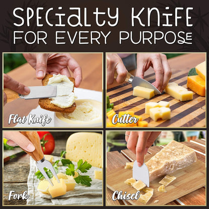 NutriChef Bamboo Natural Cheese Board Set with Bonus Condiment Cup-Extra Large Size 100% Home Organic Wooden Plate and Charcuterie Tray with 4 pcs Cutting Knife Slicer, 13" Round
