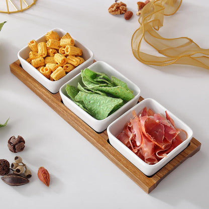 3 Pack Chip & Dip Serving Set with Wooden Tray, Oven Safe Bowls for Parties, Hosting Gifts, Cranberry/Soy Sauce Dish & Entertaining Essentials