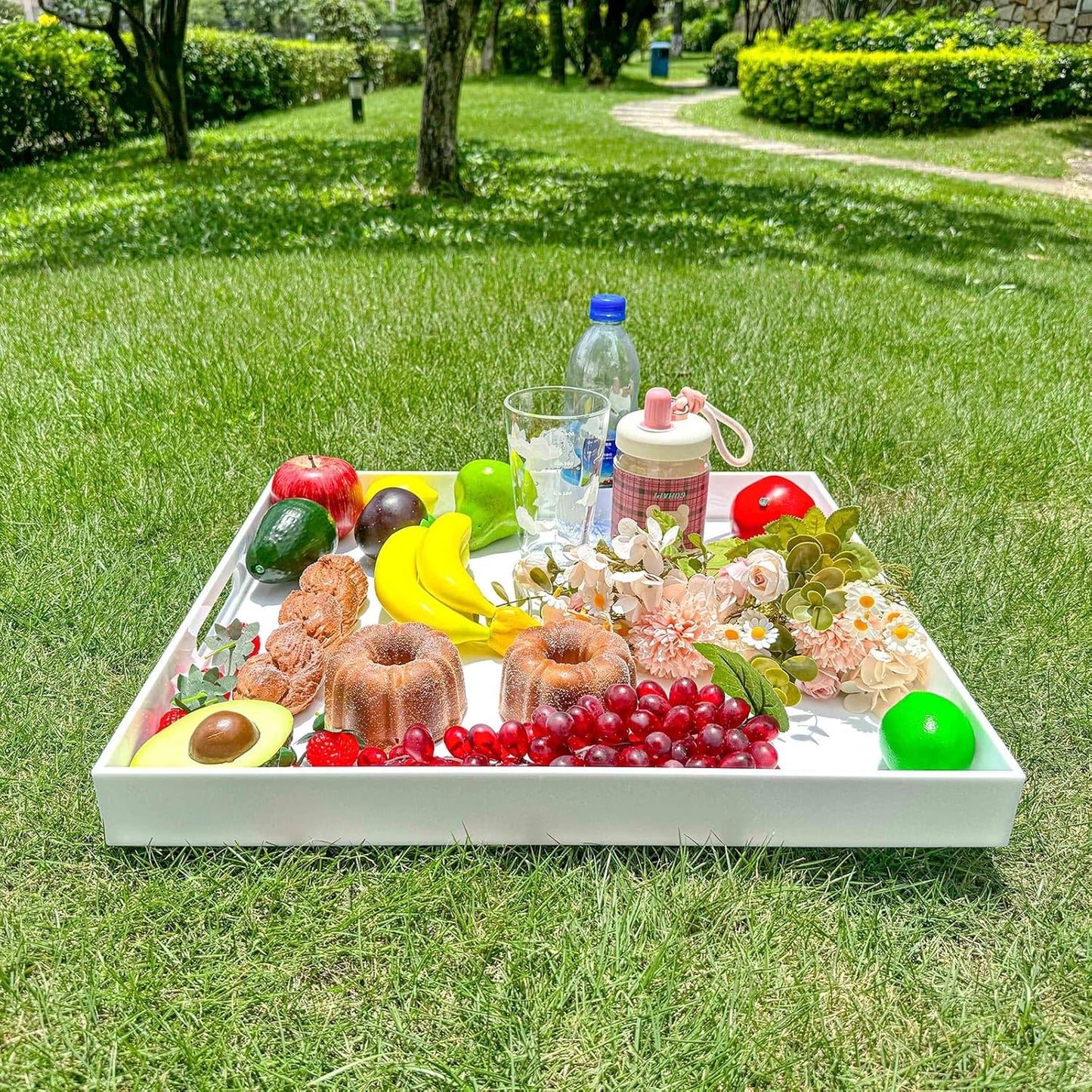 White Rectangular 14x20 Inches Acrylic Ottoman Tray Decorative Serving Tray with Cutout Handles Organizer Tray on Coffee Table Countertop Big Breakfast Bed Tray Living Room Appetizer Serving Food