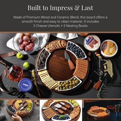 Shanik Acacia Wood Lazy Susan Cheese Board Set – Rotating Charcuterie Platter, Elegant Serving Tray for Appetizers, Snacks, Parties & Weddings