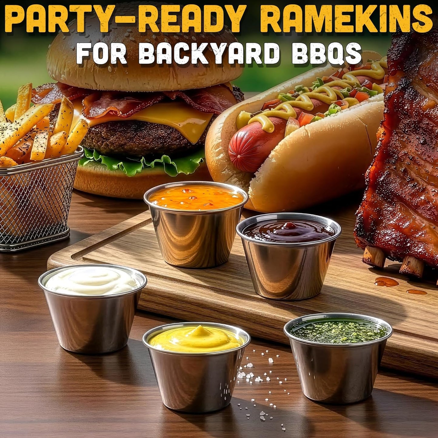 12 Pcs Reusable Dipping Sauce Cups - 2.5 Oz Stainless Steel Stackable Condiment Cups, Sauce Ramekins 2.3" Diameter - Metal Ramekins for Sushi, Wings, Charcuterie, Tasting Plates, Meal Prep & Sauces