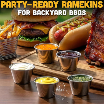 12 Pcs Reusable Dipping Sauce Cups - 2.5 Oz Stainless Steel Stackable Condiment Cups, Sauce Ramekins 2.3" Diameter - Metal Ramekins for Sushi, Wings, Charcuterie, Tasting Plates, Meal Prep & Sauces