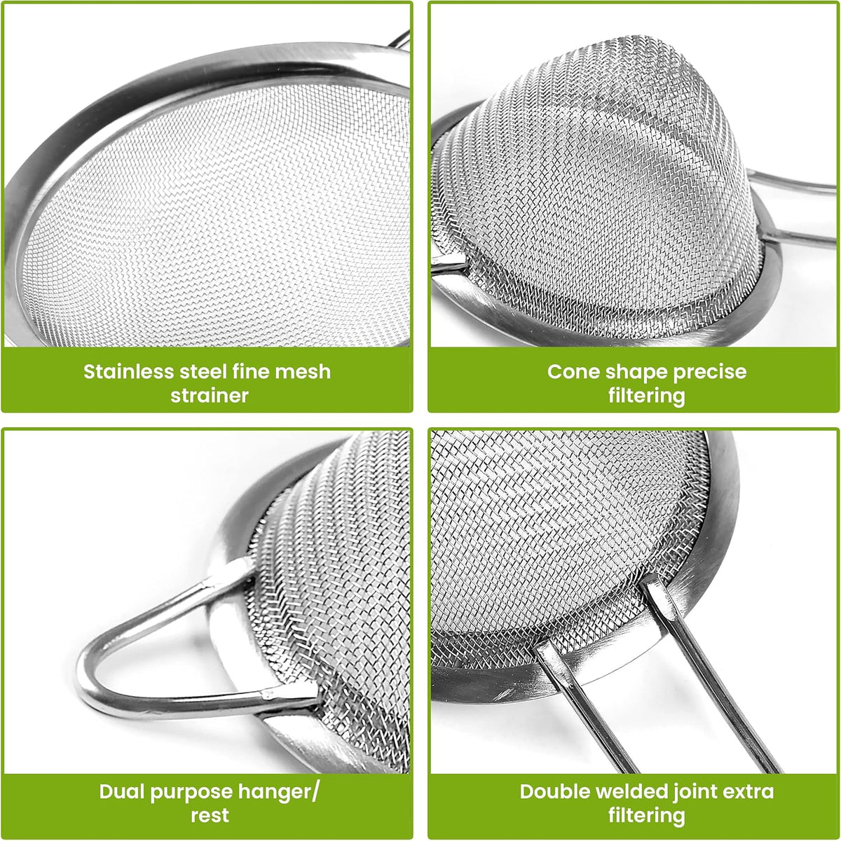 Set of 2 Stainless Steel Mesh Strainers for Kitchen - 5.5 inch Round Fine Mesh Strainer & 3.4 inch Conical Strainer Fine Mesh - Ideal to Sieve Pasta Noodles, Quinoa, Tea, Coffee, Juices, Flour