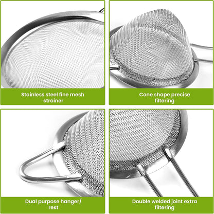 Set of 2 Stainless Steel Mesh Strainers for Kitchen - 5.5 inch Round Fine Mesh Strainer & 3.4 inch Conical Strainer Fine Mesh - Ideal to Sieve Pasta Noodles, Quinoa, Tea, Coffee, Juices, Flour