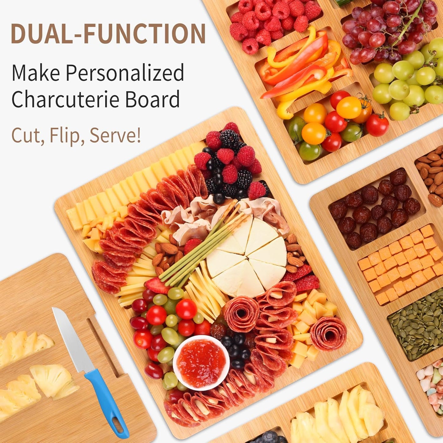 CAWIU Portable Travel Charcuterie Board with Lid and Handle - Large Bamboo Cheese Board with 4 Cheese Knife Set for Outdoor, Picnics - Weddings, House Warming Gift for Women (1 Compartment, White)