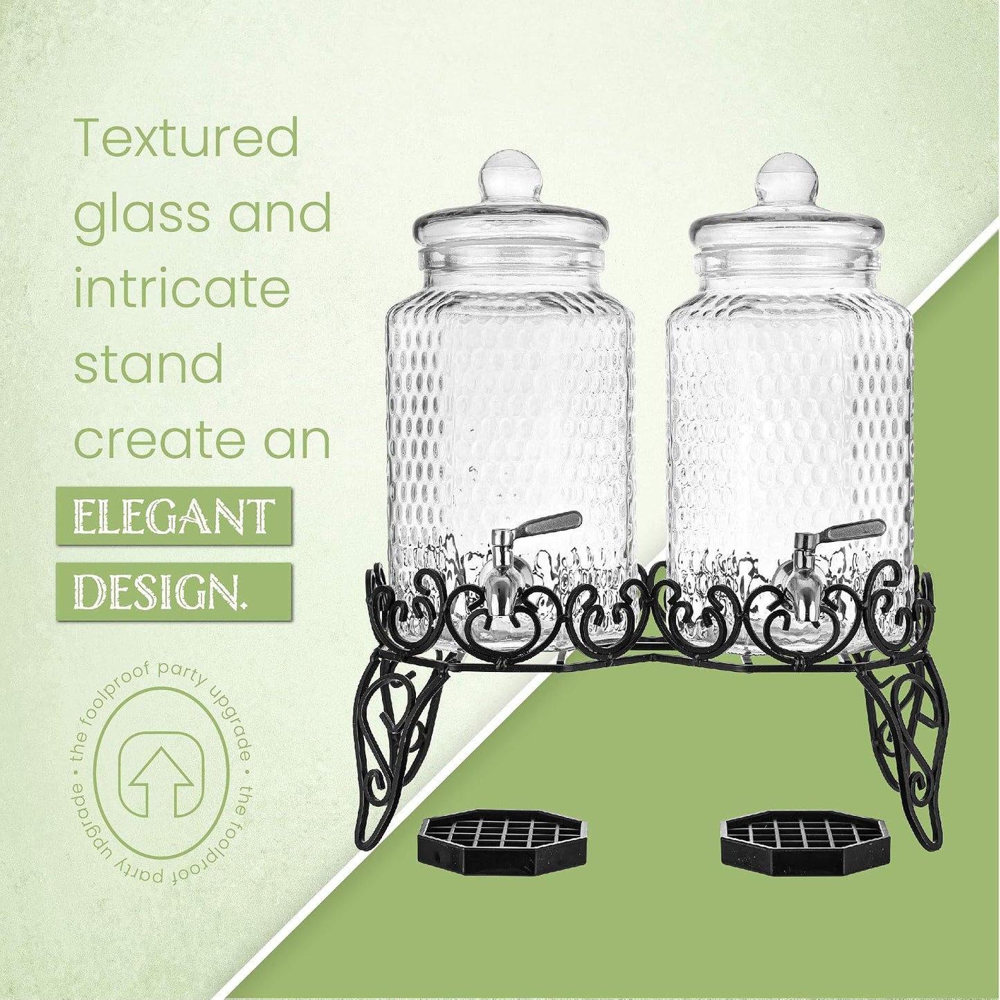 Double Glass Beverage Dispenser Set - Dual 1 Gallon Punch Dispensers with Stand, Spigot, and Drip Trays | Ideal for Juice, Tea, and Party Drinks | Elegant Pitcher for Parties and Events