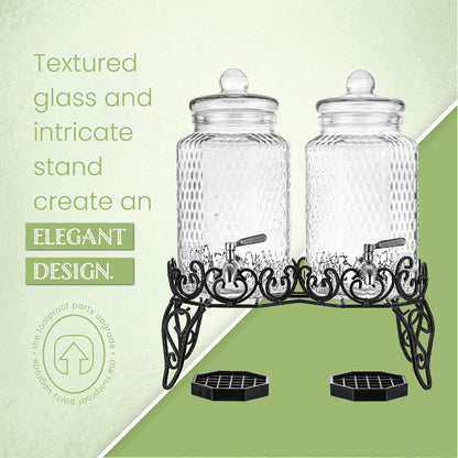 Double Glass Beverage Dispenser Set - Dual 1 Gallon Punch Dispensers with Stand, Spigot, and Drip Trays | Ideal for Juice, Tea, and Party Drinks | Elegant Pitcher for Parties and Events