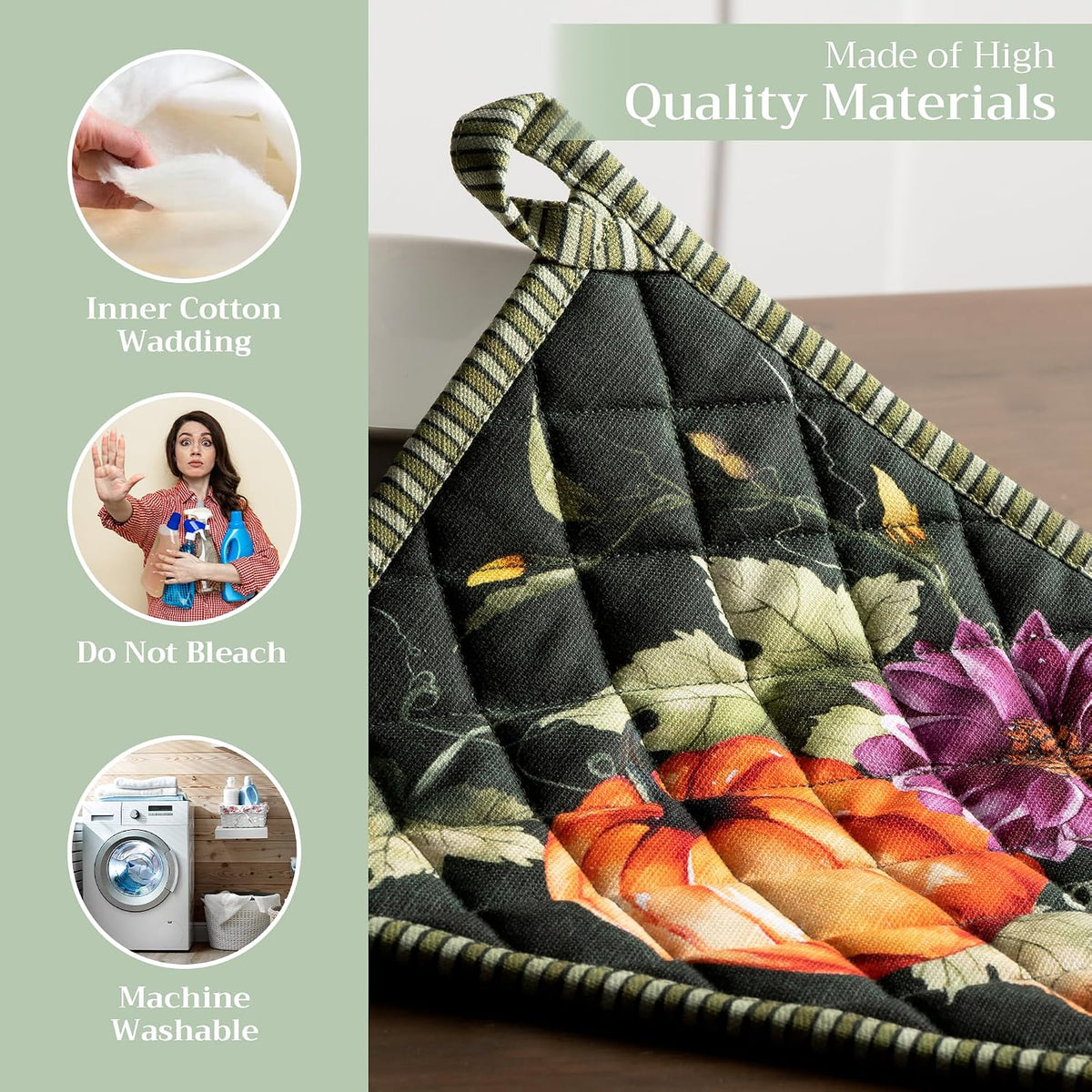 Maison d' Hermine 100% Cotton Oven Mitt & Pot Holder Set (7.5"x13" & 8"x8") - Colors C