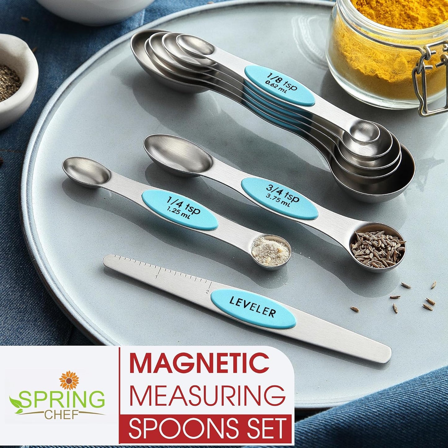 Spring Chef Stainless Steel Magnetic Measuring Spoons Set with Strong N45 Magnets, Heavy Duty Metal Kitchen Gadgets for Baking & Cooking, Fits in Most Kitchen Spice Jars, Set of 8 with Leveler, Black