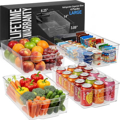 Zulay Kitchen 4 Pack Refrigerator Organizer Bins – Large Clear Fridge Storage Containers with Built-In Handles & Non-Slip Feet - Ideal Fridge Organizers, Kitchen Cabinets, Pantry Organization