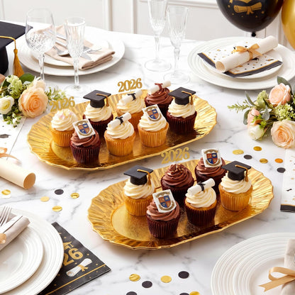 12 Pcs Gold Plastic Serving Tray Bulk, 14.5" x 8.6" Rectangle Gold Party Platters Reusable Decorative Dessert Table Serving Tray for Graduation Wedding Birthday Party Cupcake Decoration