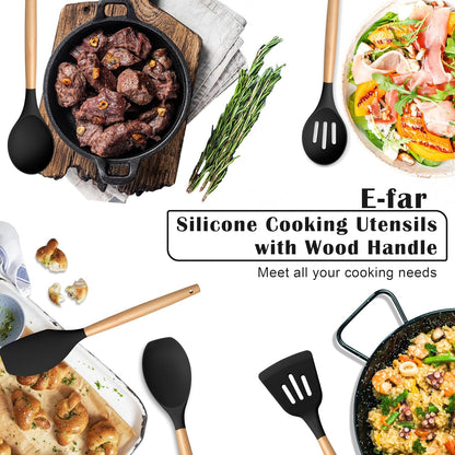 E-far Silicone Cooking Utensils Set, 5-Piece Kitchen Utensils Set with Wooden Handle for Cooking, Silicone Kitchen Nonstick Tools Spatula Turner Slotted Spoons, Nontoxic & Heat Resistant-Khaki