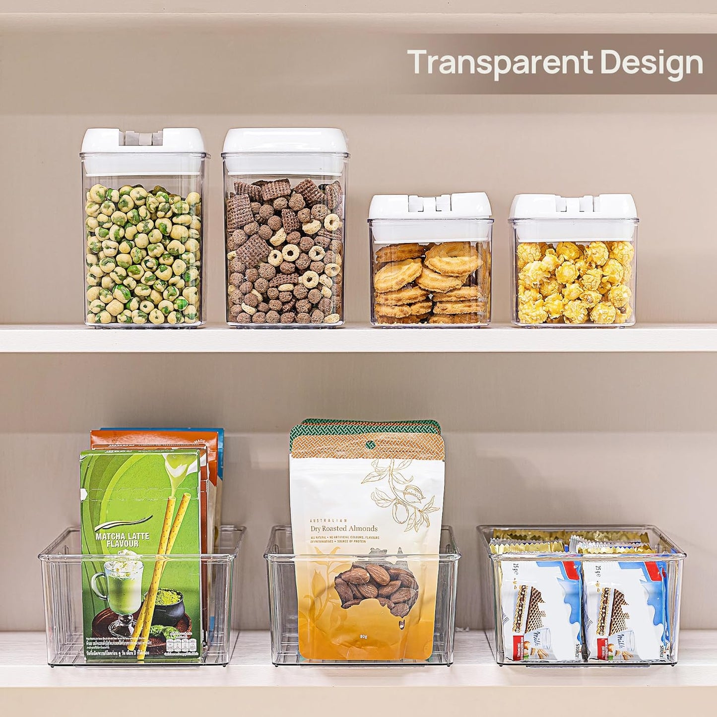 Vtopmart 6 Pack Food Storage Organizer Bins, Clear Plastic Bins for Pantry, Kitchen, Fridge, Cabinet Organization and Storage, 4 Compartment Holder Packets, Snacks, Pouches, Spice Packets