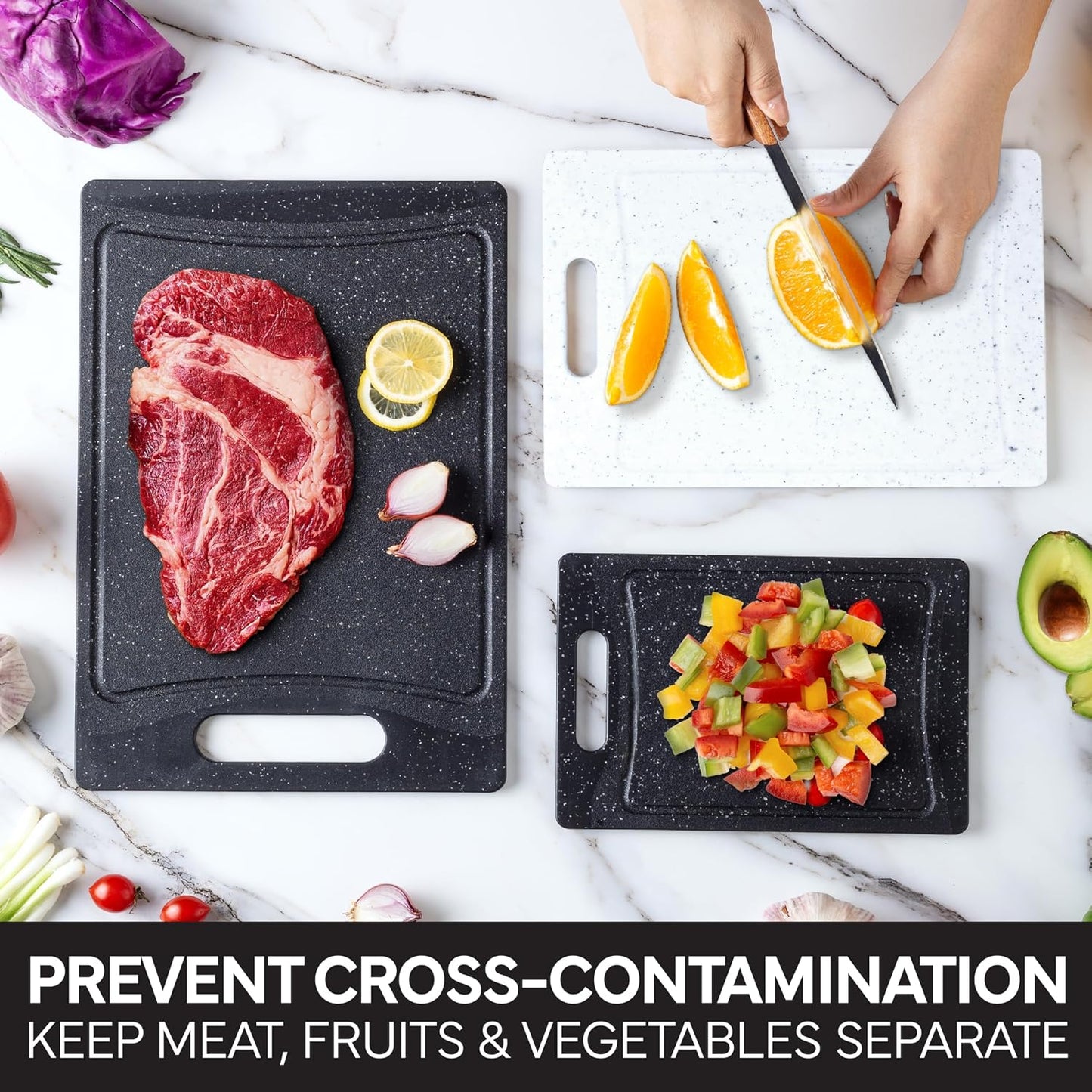 COOK WITH COLOR Non-Slip Cutting Board Set – Kitchen Essentials with Easy Grip Handle for Meat, Veggies, and Fruits, 3 Cutting Boards, Speckled White