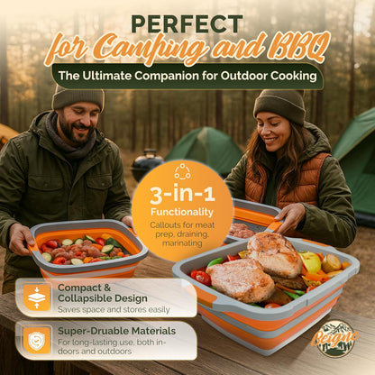 XL BBQ Prep Tub with Lid, XL Collapsible Marinating Container & Cutting Board - Foldable Food Basin for Meat - Grill Prep Station for Outdoor Cooking, Camping, BBQ, Food Storage Tray - 16L