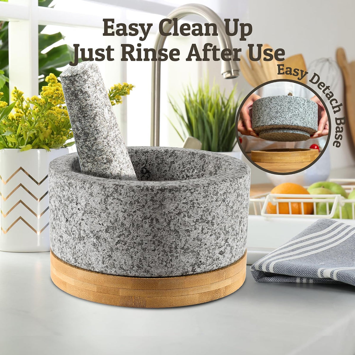 PriorityChef Heavy Duty Mortar and Pestle Set with Bamboo Base, 100% Natural Granite Stone Grinder, Guacamole Bowl and Masher, 1.5 Cups, Black