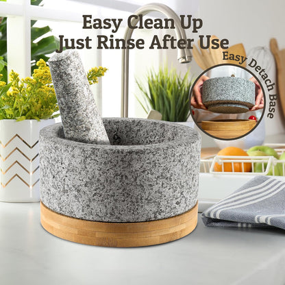 PriorityChef Heavy Duty Mortar and Pestle Set with Bamboo Base, 100% Natural Granite Stone Grinder, Guacamole Bowl and Masher, 1.5 Cups, Black