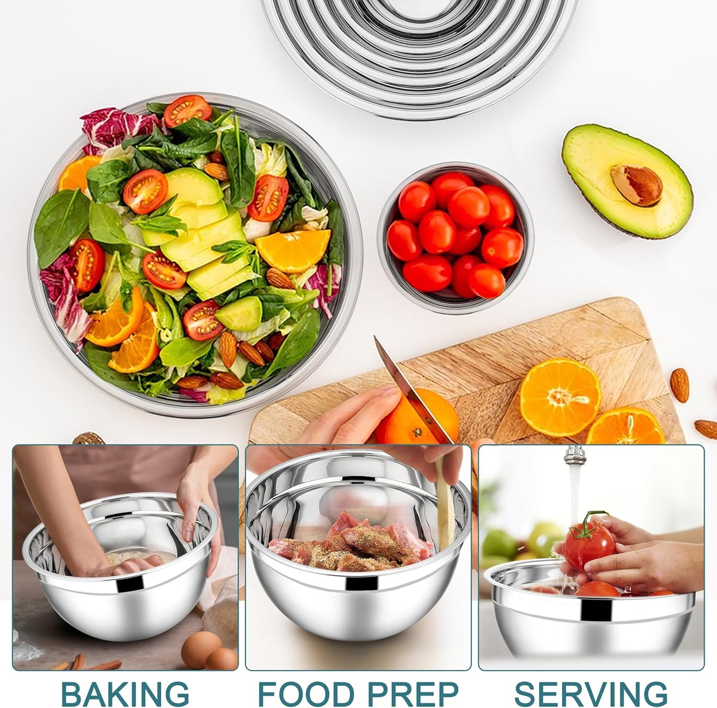 E-far Stainless Steel Mixing Bowls with Lids Set, 5-Piece Nesting Salad Bowls with 3 Grater Attachments and Non-Slip Bottoms, Size 4.6, 2.6, 2, 1.5, 1QT for Kitchen (Khaki)