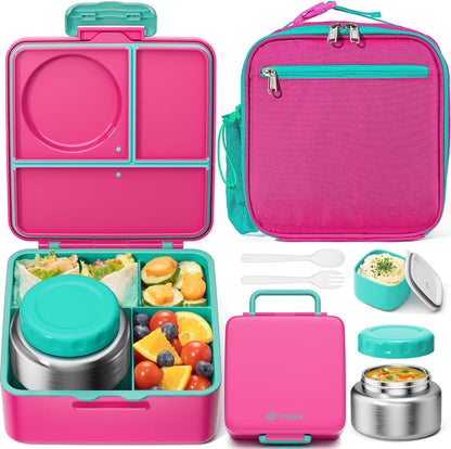 Fimibuke Bento lunch Box Set for Kids Adult with 8oz Insulated Food Jar, Lunch Bag & Sauce Cup, Leakproof Dishwasher Safe Toddler Lunch Food Container with 3-4 Compartment for School Girls Boys