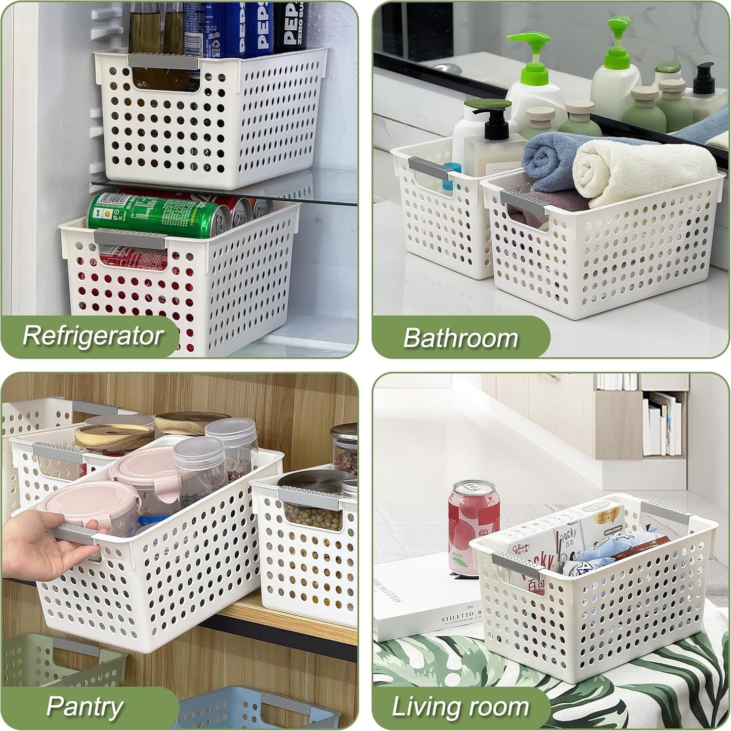 Soddeph 4 Pack Plastic Deep Storage Basket with Handles, Cubbies Organizer Bins with Hollow Design for Under Counter, Closet, Kitchen or Bathroom 12.3" × 8.7" × 6.9"(White, Medium)