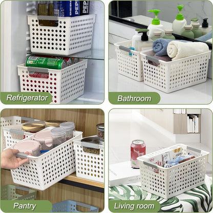 Soddeph 4 Pack Plastic Storage Basket with Handles, Small Deep Organizer Bin with Hollow Design for Under Counter, Shelf, Closet, Kitchen or Bathroom (White, Small)