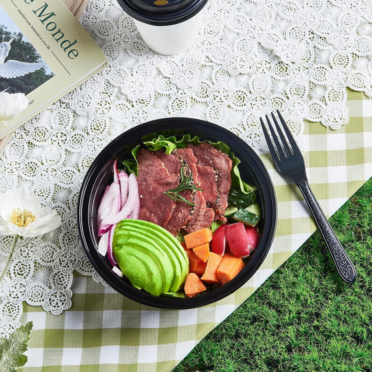 FULING 32 oz 50 ct Round Meal Prep Containers with Lids Plastic Food Storage Lunch Plan To Go Box Disposable Take Out Bowls Black BPA Free Reusable Durable Stackable Microwave Freezer Dishwasher Safe