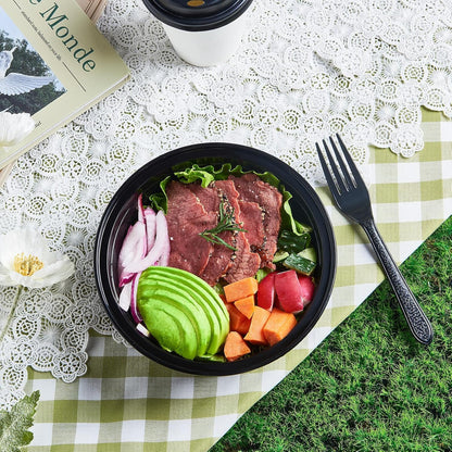FULING 32 oz 50 ct Round Meal Prep Containers with Lids Plastic Food Storage Lunch Plan To Go Box Disposable Take Out Bowls Black BPA Free Reusable Durable Stackable Microwave Freezer Dishwasher Safe