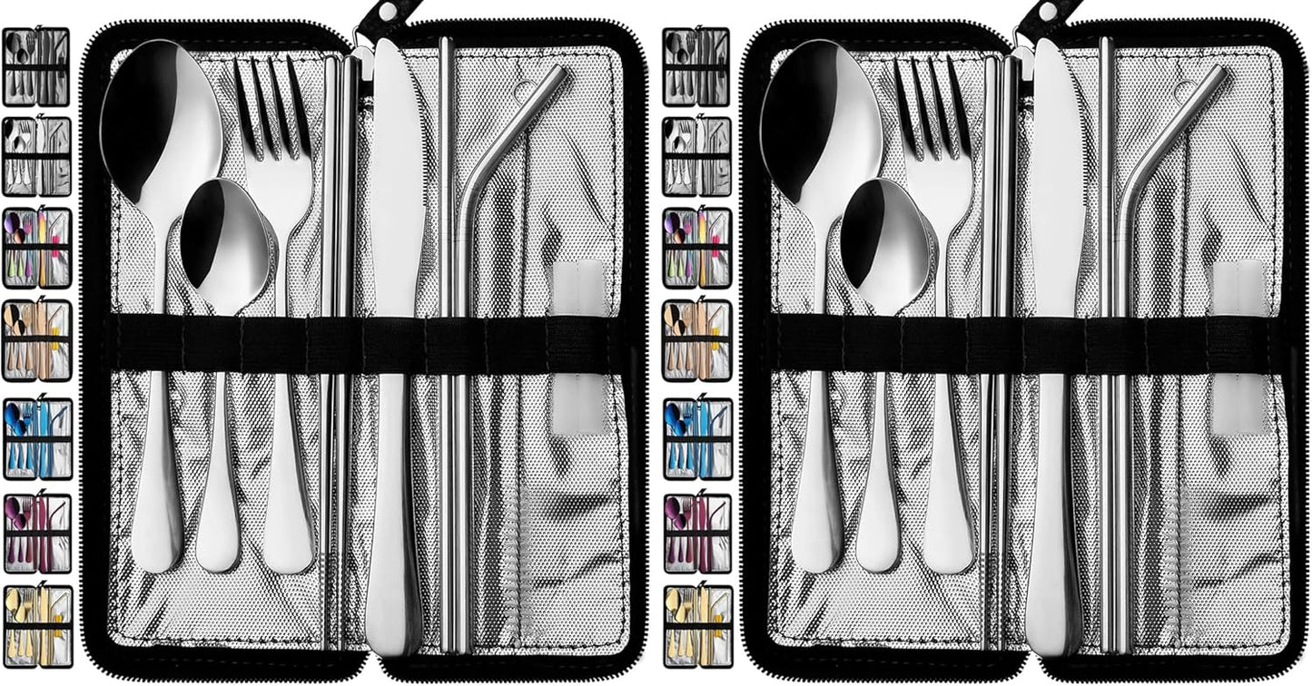VANDBAO Camping Utensils Set, Portable Travel Utensils with Case for Fixing Tableware, Reusable Stainless Steel Stable Cutlery Set, Lunch Picnic Flatware Silverware (Rainbow Set)