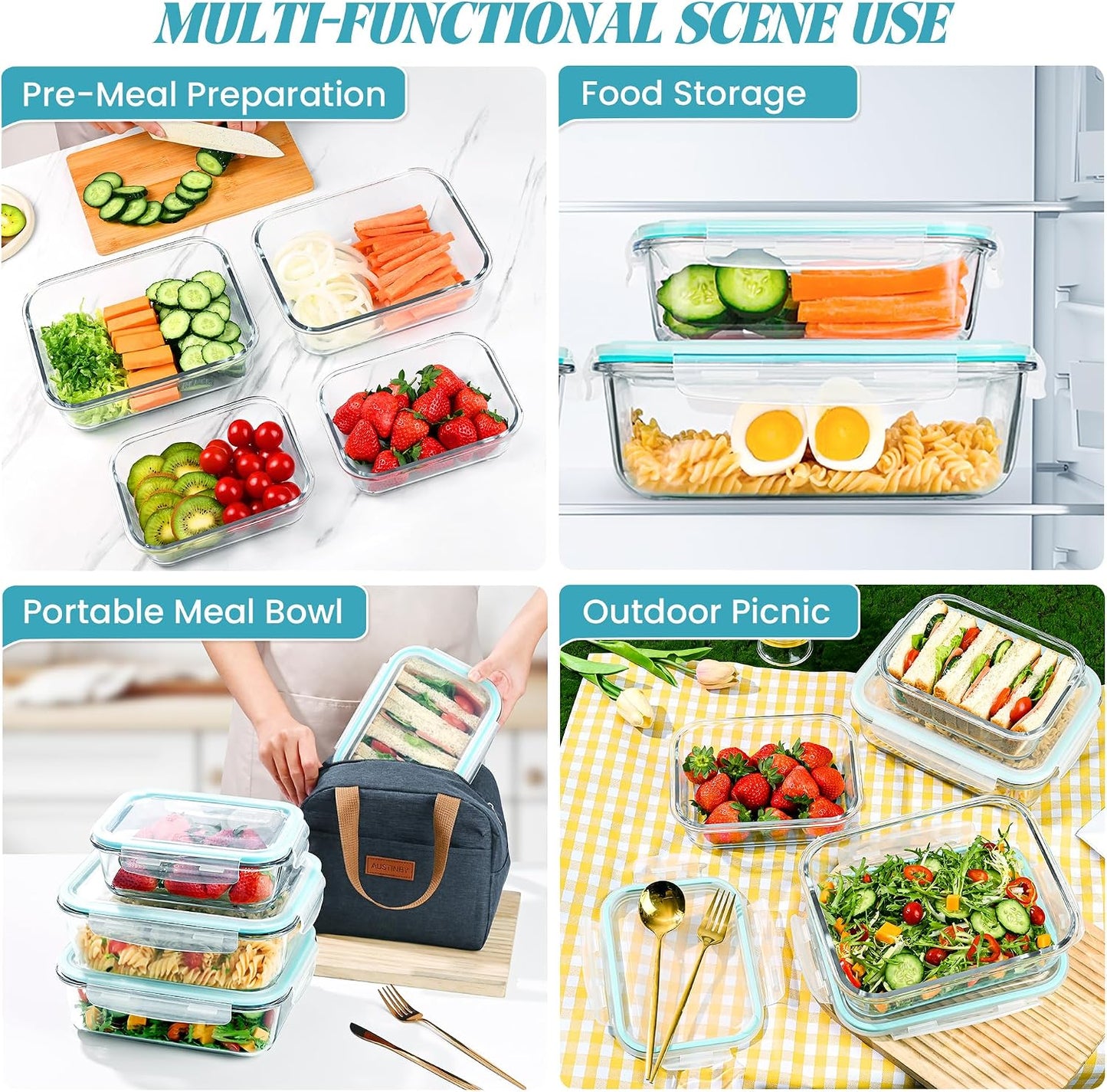 4 Pack [78 oz & 36 oz] Large Glass Food Storage Containers with Lids, Glass Meal Prep Containers Set with Airtight Lids - BPA Free, Ideal for Food Storing/Serving, Microwave/Oven Safe