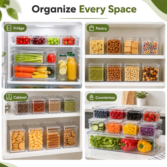 10 Pack Clear Fridge Organizer Bins with Lids, Plastic Storage Totes for Refrigerator, Pantry, Kitchen and Bathroom Vanity, Stackable Food Storage Boxes for Fruits, Vegetables, Cereals and Snacks