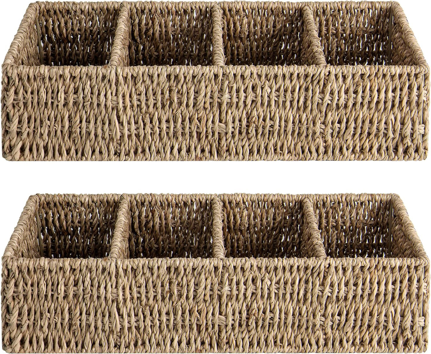 StorageWorks Small Wicker Basket for Organizing with 4-Section, Natural Water Hyacinth Storage Baskets with Dividers for Pantry Shelves, 2-Pack