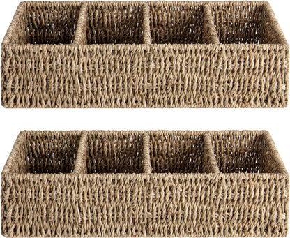 StorageWorks Small Wicker Basket for Organizing with 4-Section, Natural Water Hyacinth Storage Baskets with Dividers for Pantry Shelves, 2-Pack