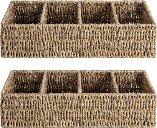 StorageWorks Small Wicker Basket for Organizing with 4-Section, Natural Water Hyacinth Storage Baskets with Dividers for Pantry Shelves, 2-Pack