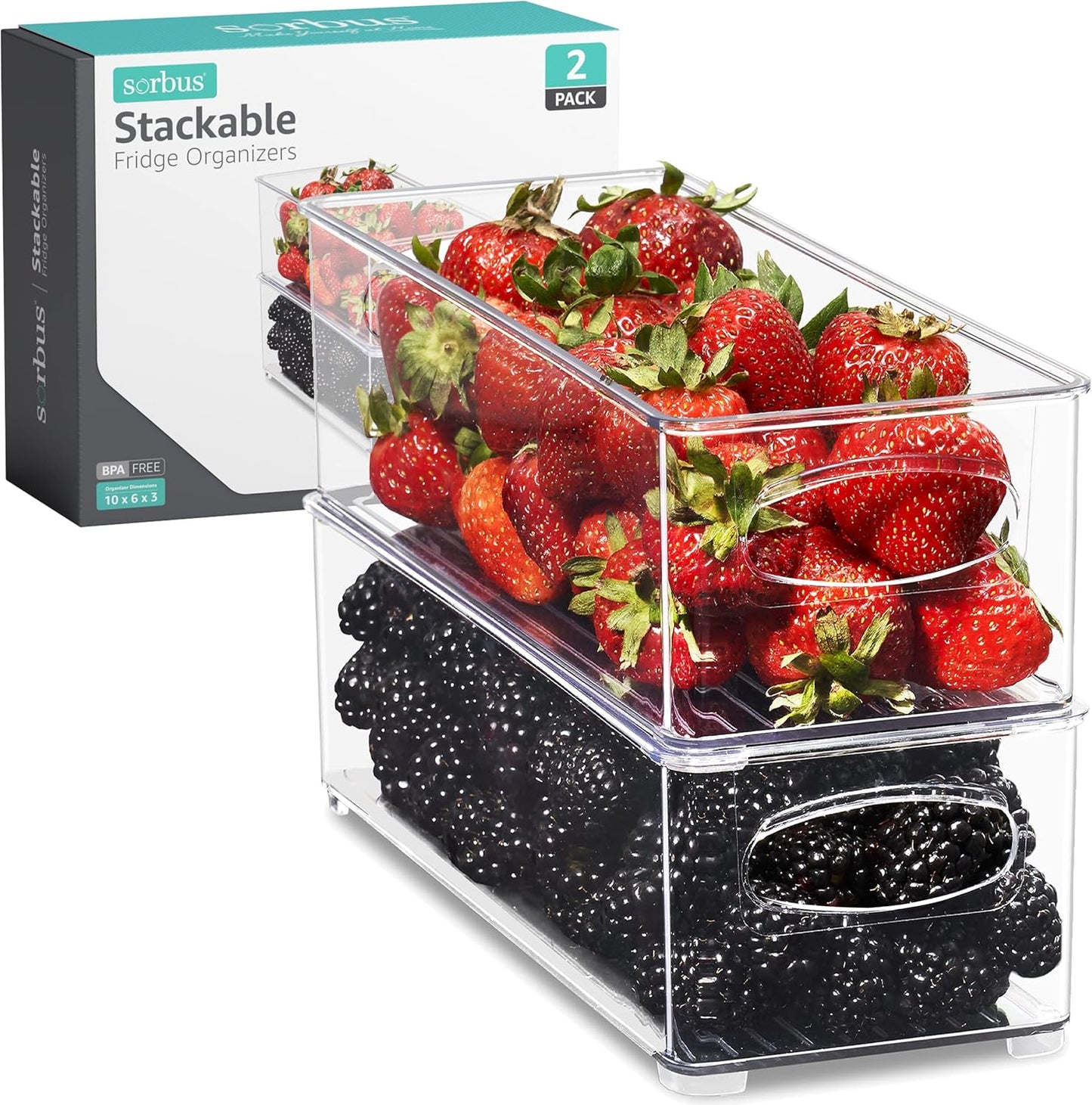 Sorbus Stackable Refrigerator Organizer Bins - Set of 4 Clear Storage Bins for Kitchen Pantry, Freezer & Fridge Organization - Food Organizing Plastic Containers with Handles for Countertops & Drawers