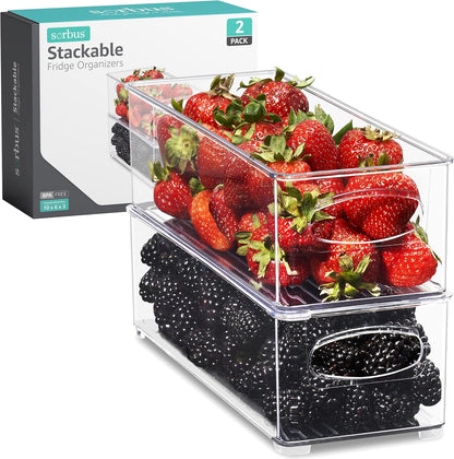 Sorbus Stackable Refrigerator Organizer Bins - Set of 4 Clear Storage Bins for Kitchen Pantry, Freezer & Fridge Organization - Food Organizing Plastic Containers with Handles for Countertops & Drawers