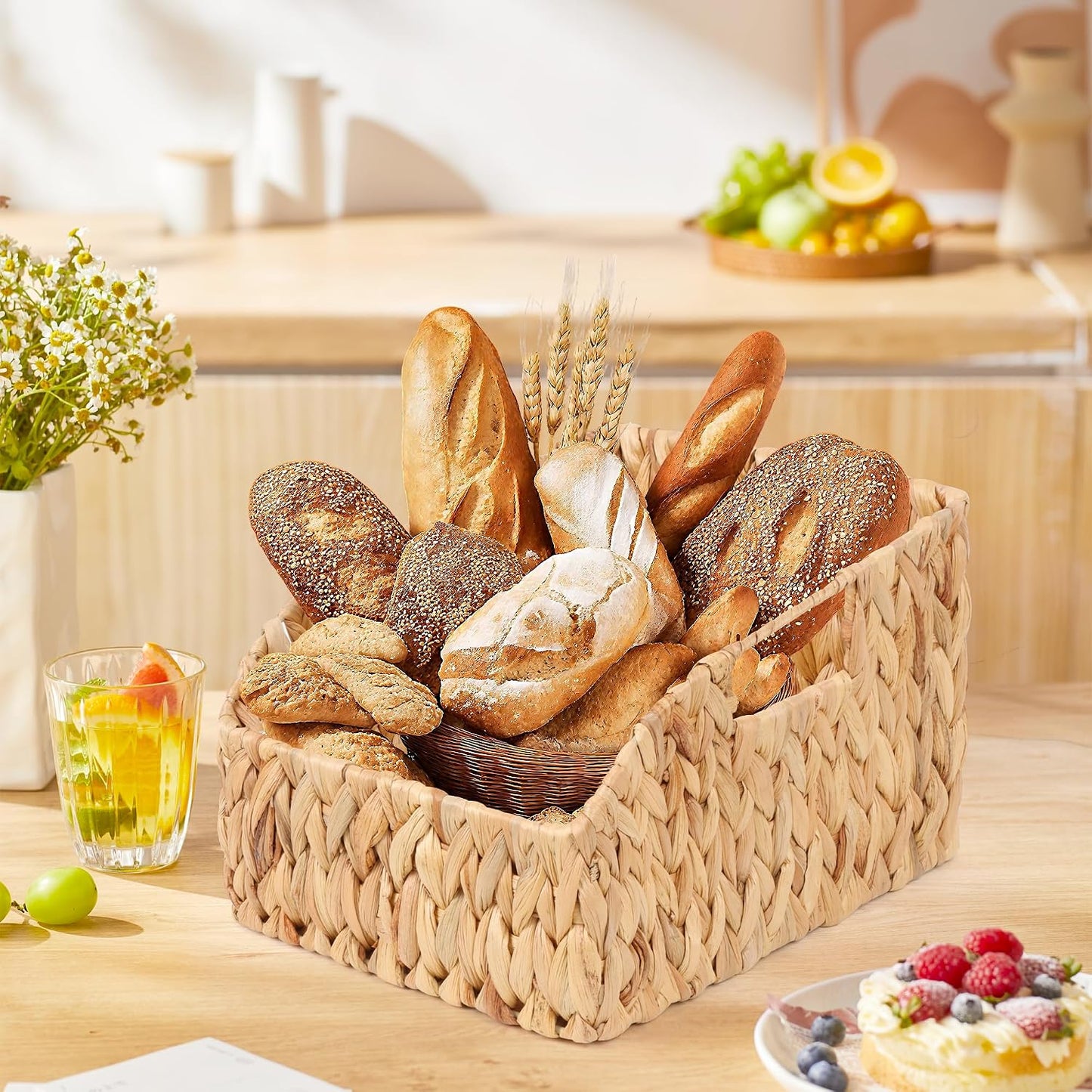 FEILANDUO Pantry Organizers Wicker Baskets for Organizing with Handles Handwoven Wicker Storage Bins Baskets for Shelves Boho Home Decor (Natural(Water Hyacinth), Set of 2