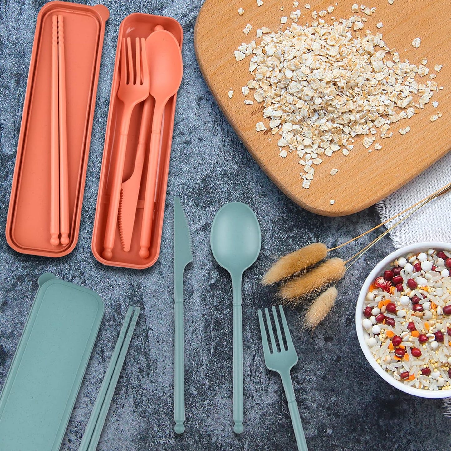 Reusable Travel Utensils Set with Case, 4 Sets Plastic Portable Knife Fork Spoons Tableware for Kids Adults Travel Picnic Camping Utensils