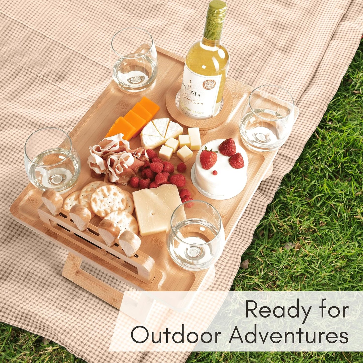 Charcuterie Picnic Table with Wine Glass Holder, Portable Wine & Cheese Board, 4-Piece Cheese Knife Set (Gold) w/Detachable Knife Stand, Bamboo Charcuterie Table, Hosting & Wine Gift