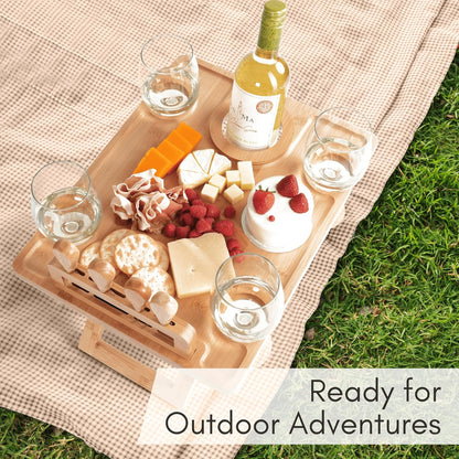 Charcuterie Picnic Table with Wine Glass Holder, Portable Wine & Cheese Board, 4-Piece Cheese Knife Set (Gold) w/Detachable Knife Stand, Bamboo Charcuterie Table, Hosting & Wine Gift