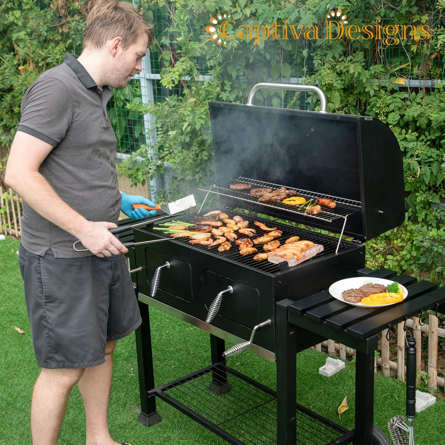 Captiva Designs Extra Large Charcoal BBQ Grill with Oversize Cooking Area(794 SQIN), Outdoor Cooking Grill with 2 Individual Lifting Charcoal Trays and 2 Foldable Side Tables