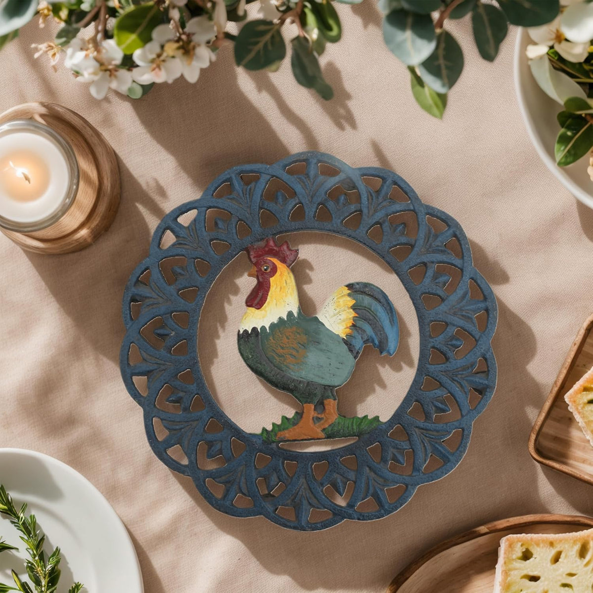Cast Iron Trivet, 7.28 inch Metal Trivet for Hot Dishes, Heat-Resistant Decorative Trivets to Protect Dining Countertop or Kitchen Decoration with 2 Silicone Mini Pinch Mitts