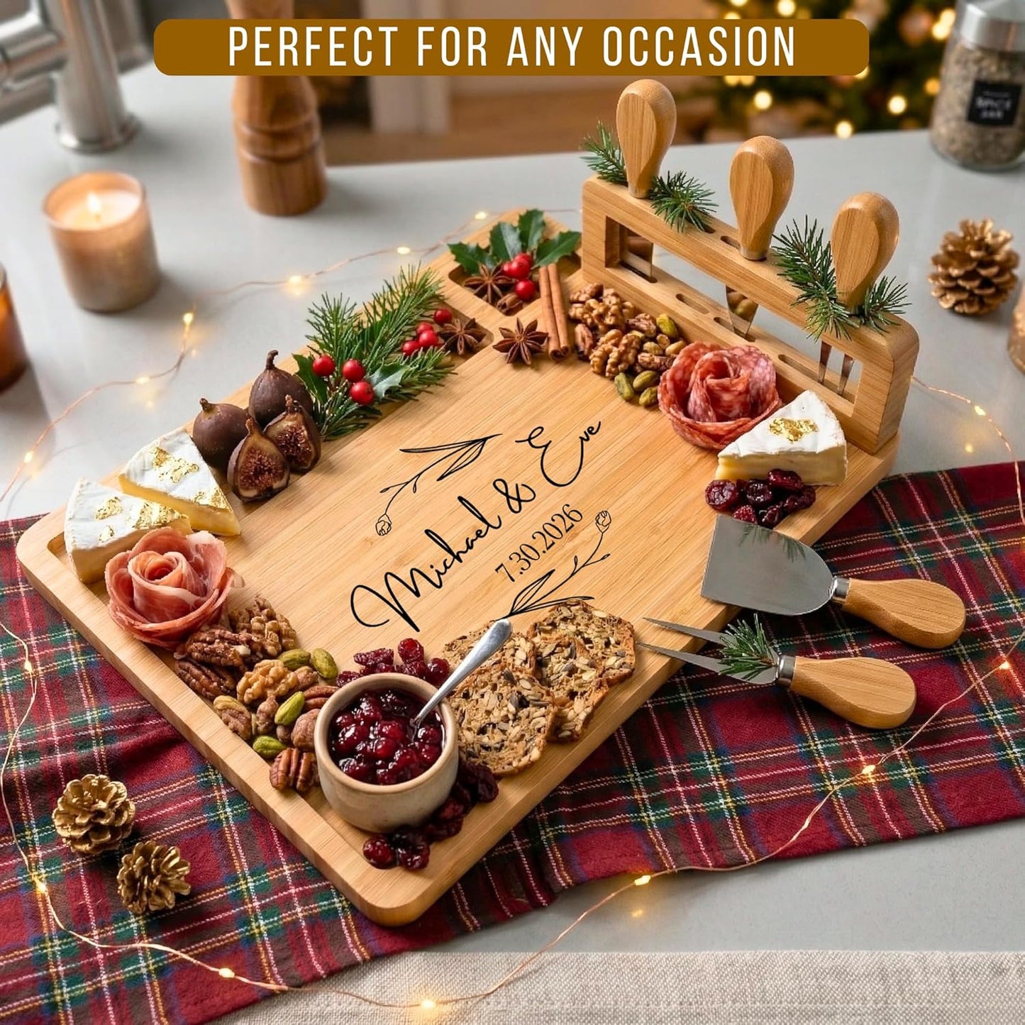 Personalized Bamboo Charcuterie Board Set with Accessories – Custom Large Serving Tray with Knives for Wedding, Anniversary, Bridal Shower, Women, Housewarming, Engagement, Couples, Mother’s Day Gifts
