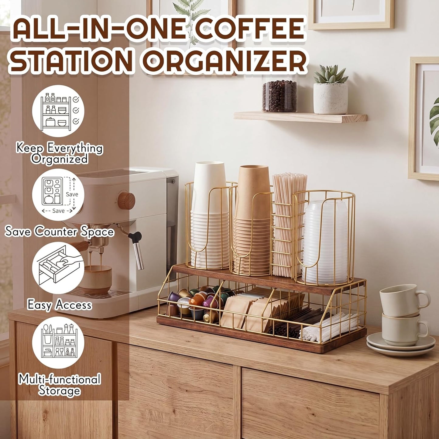 Geelin 18oz Adjustable Coffee Cup Dispenser with Wooden Base, Cup and Lid Holder, Cups Holder Organizer for Coffee Pod Straw and Lid Storage(2-compartment Single,Color 2)