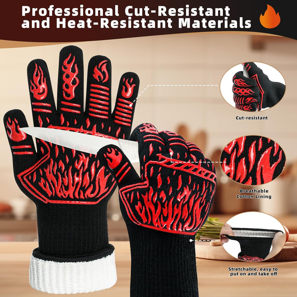 BBQ Gloves 1472F Heat Resistant Anti Slip Long with 2 Hooks