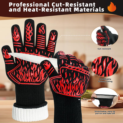BBQ Gloves 1472F Heat Resistant Anti Slip Long with 2 Hooks
