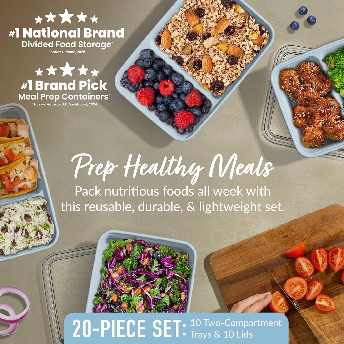 Bentgo Prep - 20-Piece 2-Compartment Reusable Meal Prep Containers with Lids, PFAS & BPA Free Materials, Durable, Microwave, Freezer, & Dishwasher Safe To Go Food Storage (Rose Gold)