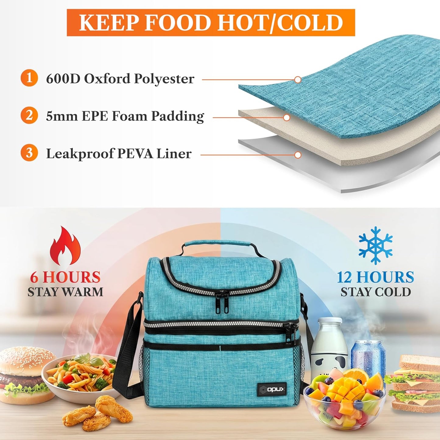 opux Insulated Lunch Bag for Men Women, Double Decker Leakproof Lunch Box Cooler Tote with Shoulder Strap, Large Lunchbox for Work School Travel Meal Prep, Adults Kids Boys Girls, Green, 16 Cans