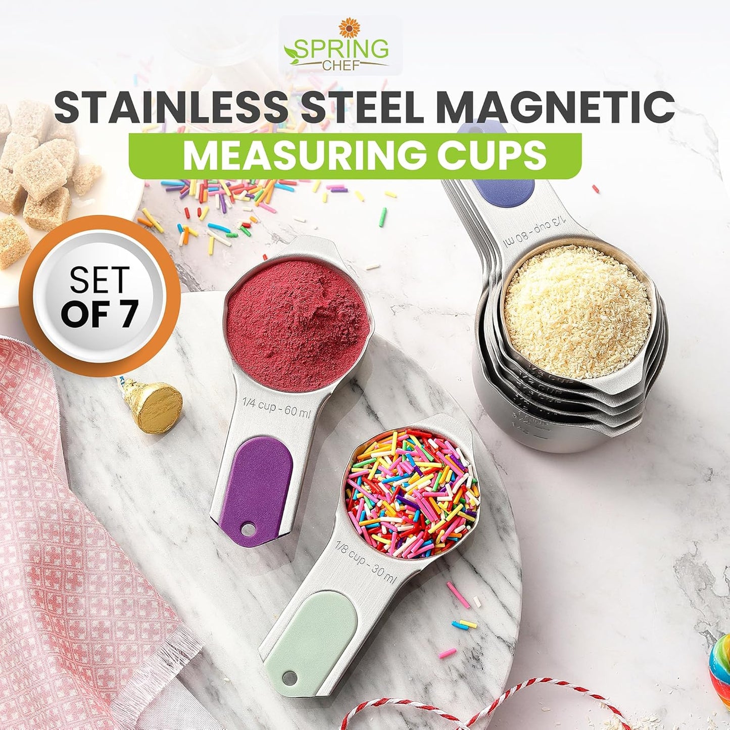 Spring Chef Stainless Steel Measuring Cups Set of 7 with Pour Spout - Nesting Kitchen Tools with Easy Read Markings to Measure Dry or Liquid Ingredients - Metal Measuring Cups for Baking & Cooking